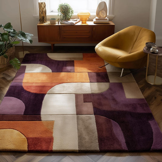Translation missing: es.Retro area rug with vibrant mid-century geometric design and soft plush texture