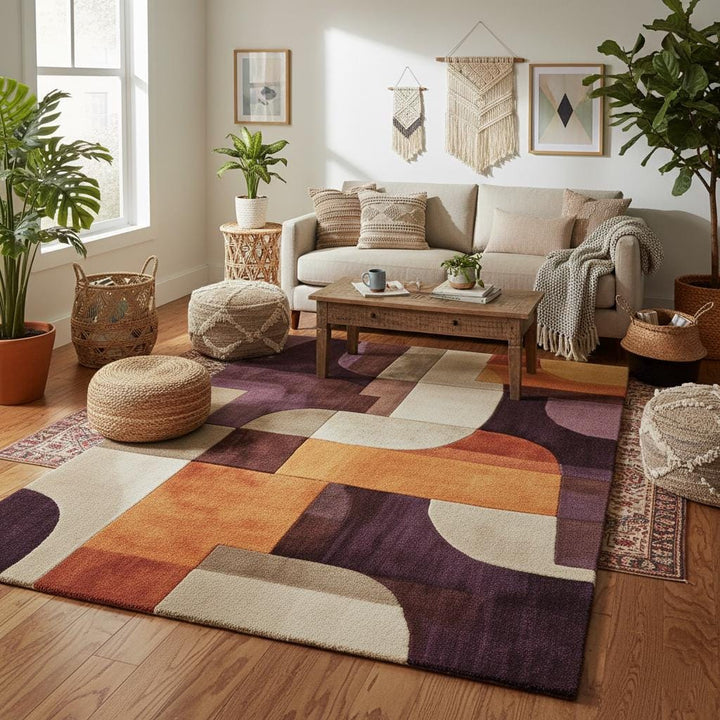 Translation missing: es.Retro area rug with vibrant mid-century geometric design and soft plush texture