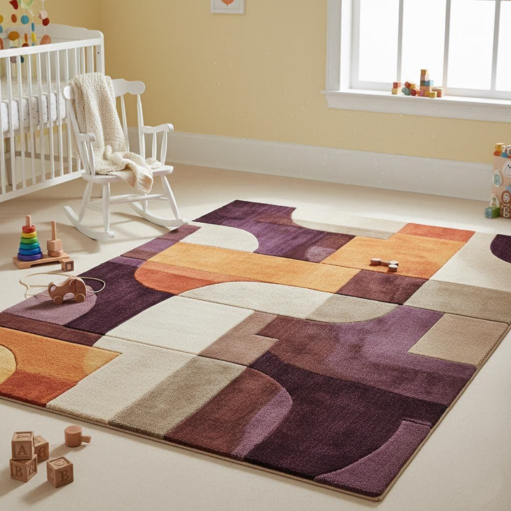 Translation missing: es.Retro area rug with modern geometric tufted design in vibrant mid-century colors on plush floor carpet