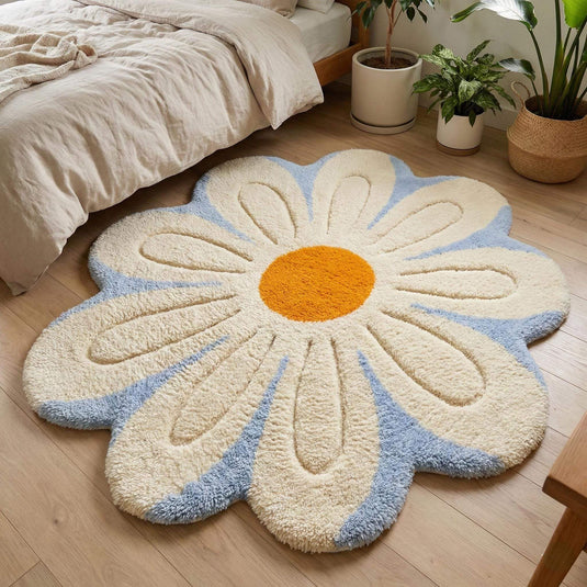 Translation missing: es.Tufted Daisy Flower Rug with soft cream petals, blue outline, and mustard yellow center for cozy nursery decor