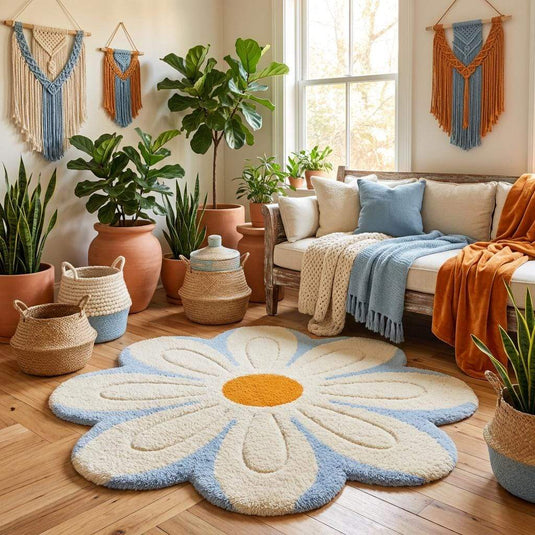 Translation missing: es.Pastel daisy rug in cream petals with sky blue border, plush tufted floor mat for modern bedroom