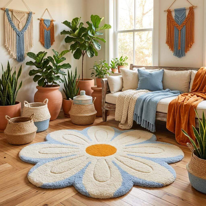 Translation missing: es.Pastel daisy rug in cream petals with sky blue border, plush tufted floor mat for modern bedroom