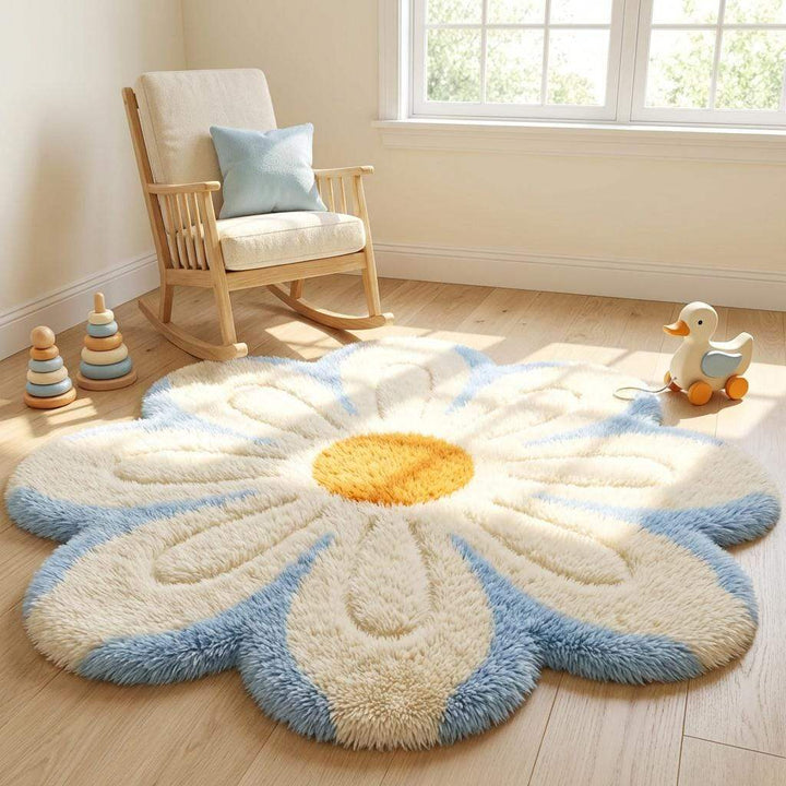 Translation missing: es.Scandinavian boho floral rug, daisy shaped plush area rug for dorm room and reading corner decor