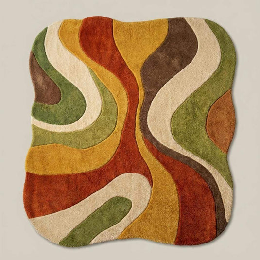 Translation missing: es.Retro abstract wool area rug placed in living room with mid century furniture and warm natural lighting