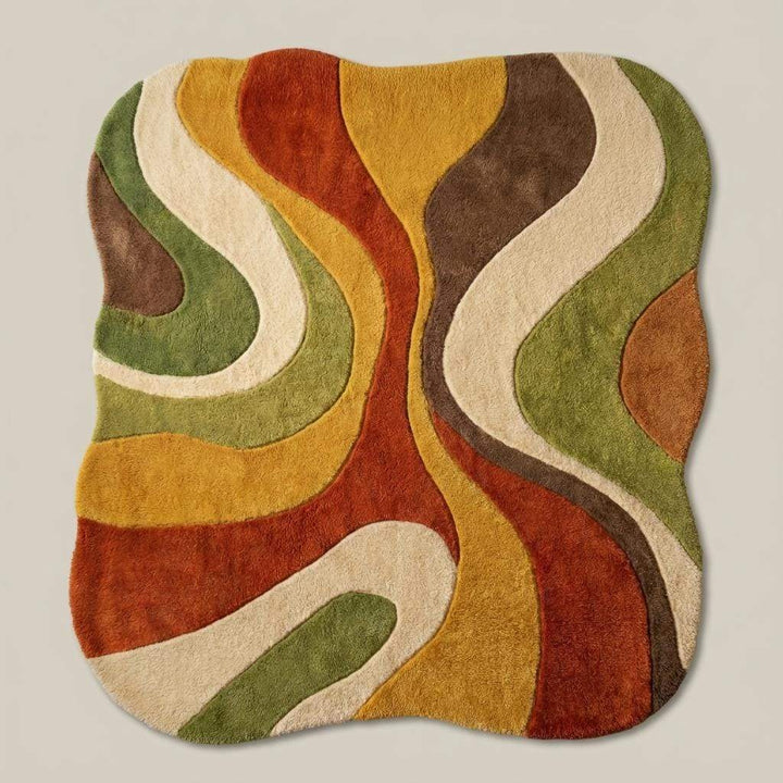 Translation missing: es.Retro abstract wool area rug placed in living room with mid century furniture and warm natural lighting
