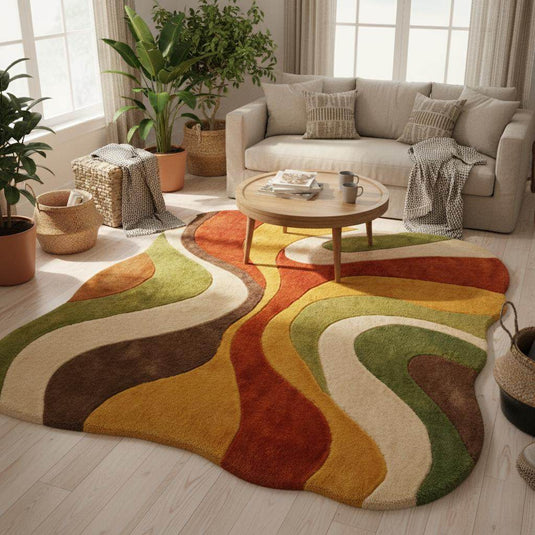 Translation missing: es.Organic shaped abstract rug with flowing curves and sculpted pattern inspired by 70s modern design