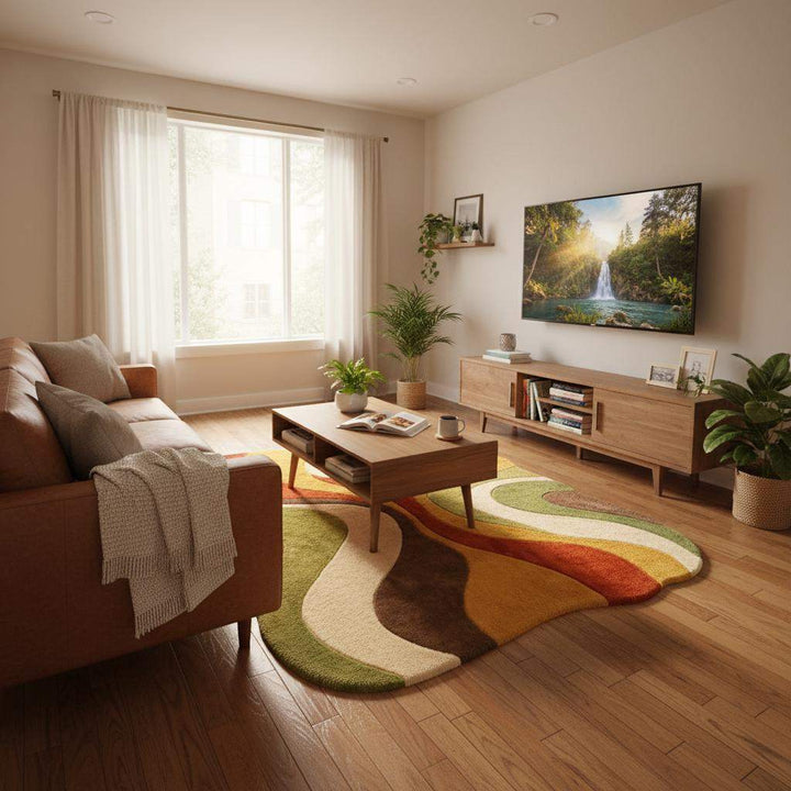 Translation missing: es.Mid century modern rug featuring burnt orange, mustard yellow, olive green, cream, and warm brown tones