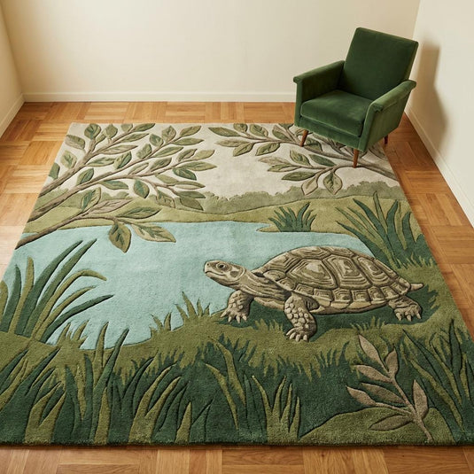 Translation missing: es.Turtle Pond Area Rug with whimsical turtle and aqua pond in cottagecore botanical green design