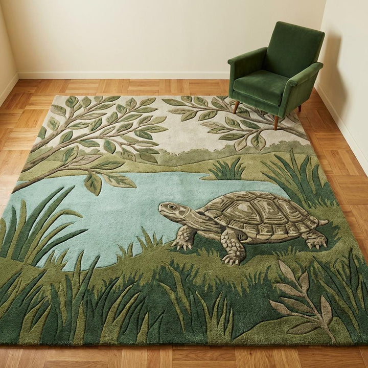 Translation missing: es.Turtle Pond Area Rug with whimsical turtle and aqua pond in cottagecore botanical green design