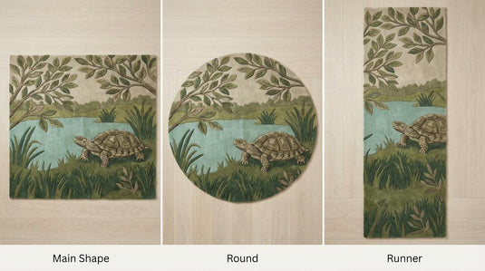 Translation missing: es.Turtle Pond Area Rug, Cottagecore Botanical Wool Rug, Woodland Nursery Green Statement Carpet, Nature Living Room Decor, Whimsical Turtle
