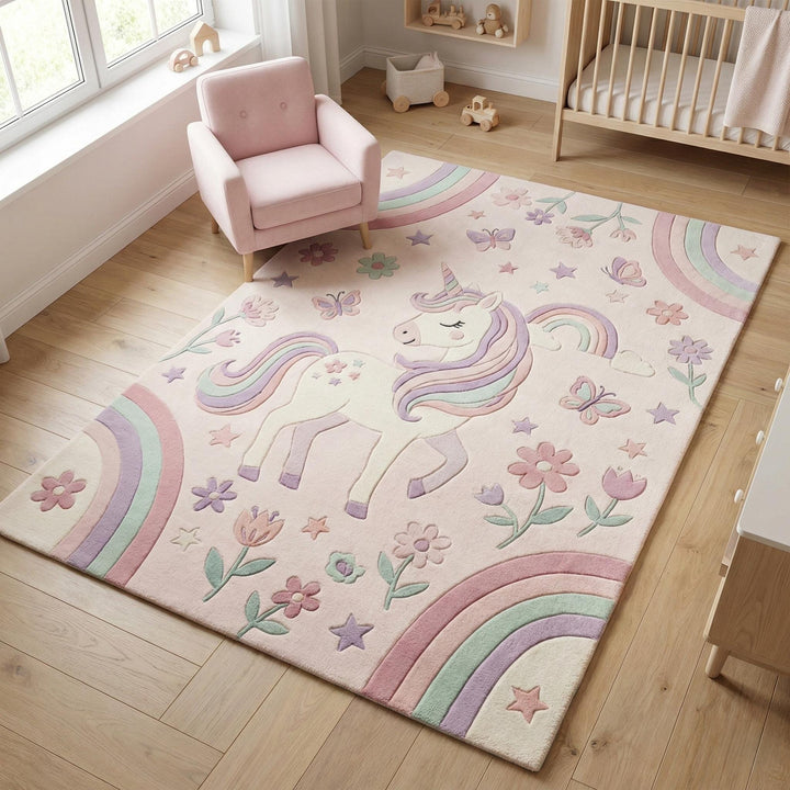 Translation missing: es.Pastel rainbow unicorn nursery rug with floral and butterfly design for kids' bedrooms and playrooms