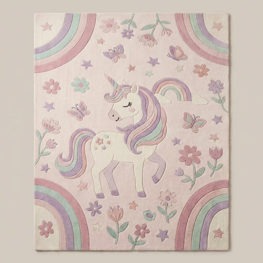 Translation missing: es.Top-down view of unicorn kids room rug with rainbow, stars, butterflies and floral pattern, pastel nursery area rug with soft fantasy theme