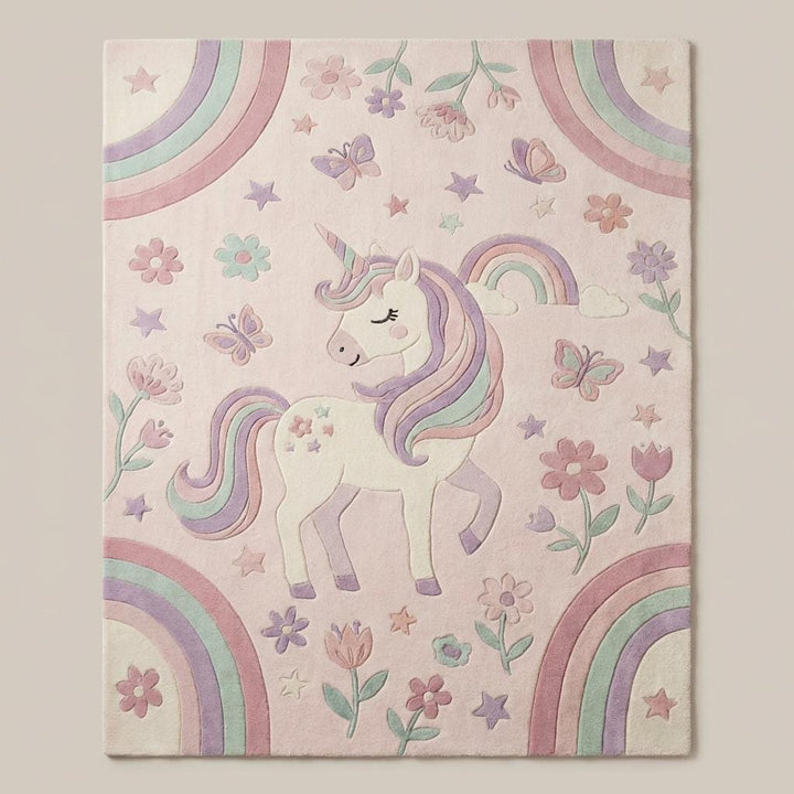 Translation missing: es.Top-down view of unicorn kids room rug with rainbow, stars, butterflies and floral pattern, pastel nursery area rug with soft fantasy theme
