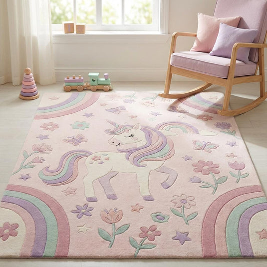 Translation missing: es.Soft unicorn nursery rug in baby room setting with crib and toys, pastel rainbow kids carpet designed for cozy play and gentle decor