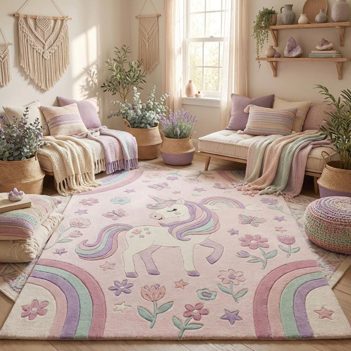 Translation missing: es.Unicorn Nursery Rug Pastel Rainbow Kids Room Rug Soft Playroom Carpet Floral Girls Bedroom Decor Baby Room Area Rug