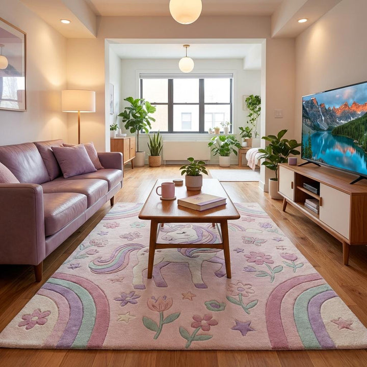 Translation missing: es.Unicorn Nursery Rug Pastel Rainbow Kids Room Rug Soft Playroom Carpet Floral Girls Bedroom Decor Baby Room Area Rug
