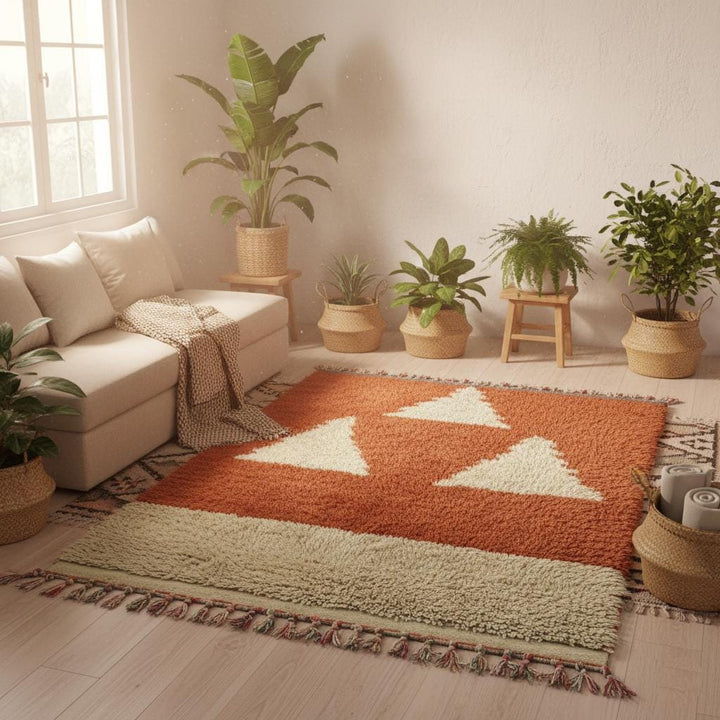 Translation missing: es.Vintage Berber Wool Rug – Terracotta Rust Cream Geometric Triangle Design