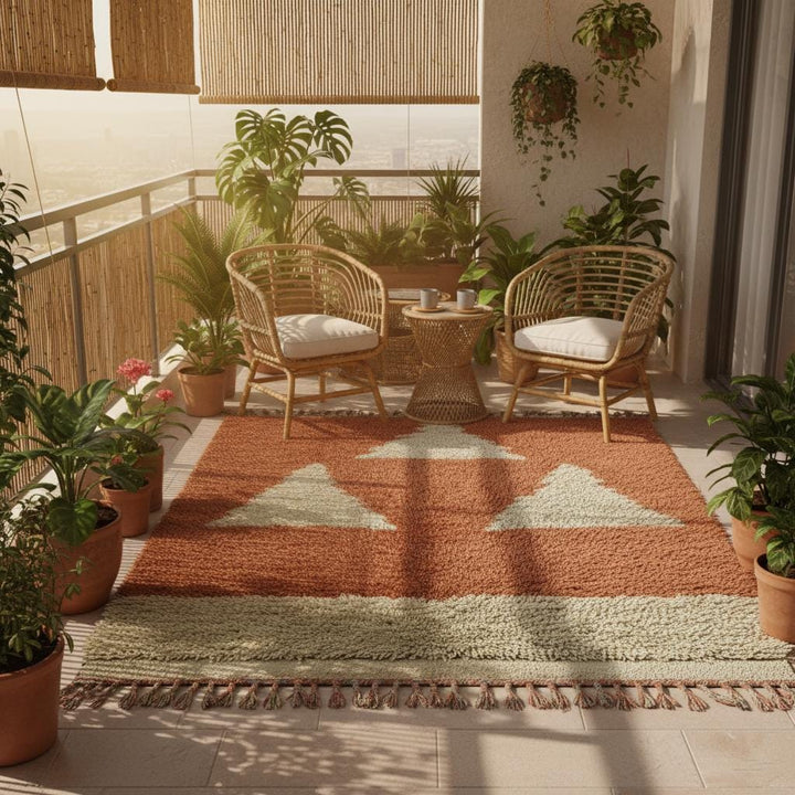 Translation missing: es.Vintage Berber wool rug in rust terracotta and cream geometric design, handmade Moroccan area rug for boho décor