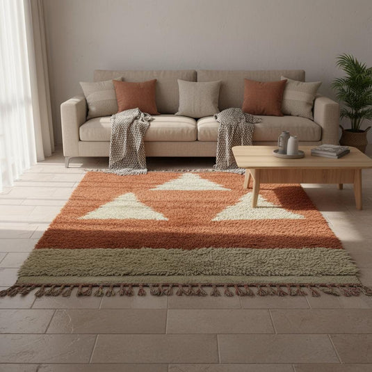 Translation missing: es.Wool area rug handmade Morocco rust terracotta with cream triangle pattern, ideal boho gift for housewarming