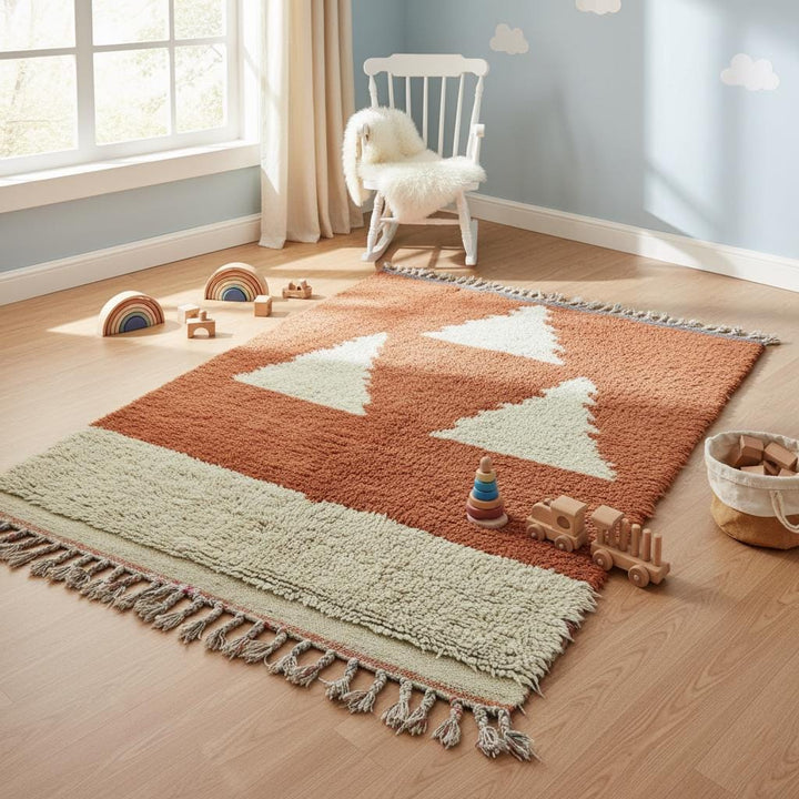 Translation missing: es.Terracotta rust wool rug Moroccan craft, cream triangles design, artisan Berber carpet for living room or reading nook