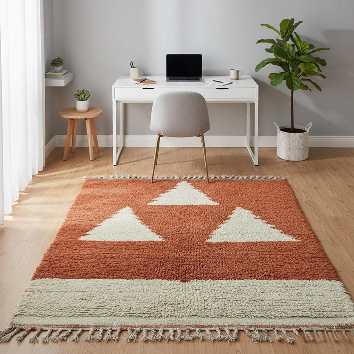 Translation missing: es.Handmade wool Moroccan rug rust terracotta and cream, geometric triangle motif, perfect for eclectic interior décor
