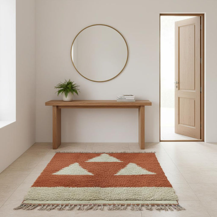 Translation missing: es.Vintage Moroccan Berber wool rug rust terracotta colour with cream geometric triangles, hand-knotted area rug for stylish home