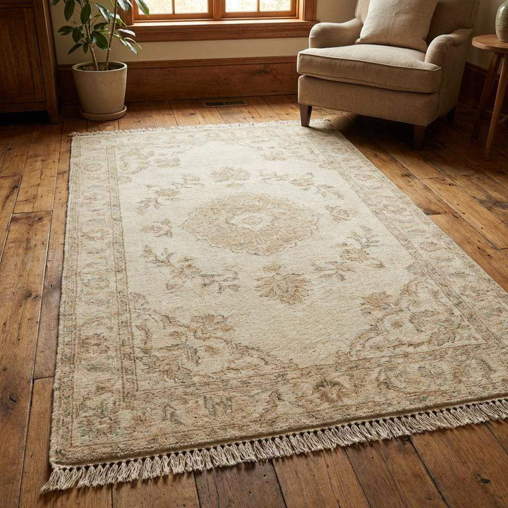 Translation missing: es.Vintage Neutral Area Rug, Hand Knotted Oushak Wool Floral Design