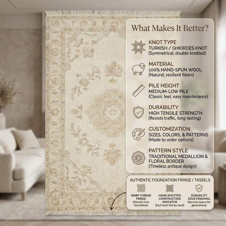 Translation missing: es.Vintage Neutral Area Rug, Hand Knotted Oushak Wool Floral Design