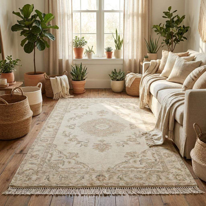 Translation missing: es.Vintage style Oushak wool rug with faded floral border in cream and sand tones