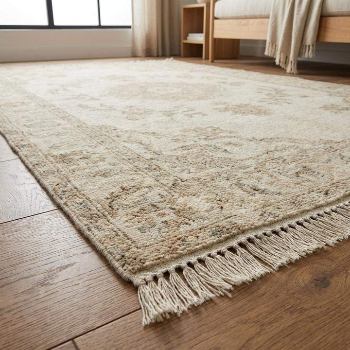 Translation missing: es.Traditional hand knotted wool rug featuring a subtle medallion pattern and timeless neutral palette
