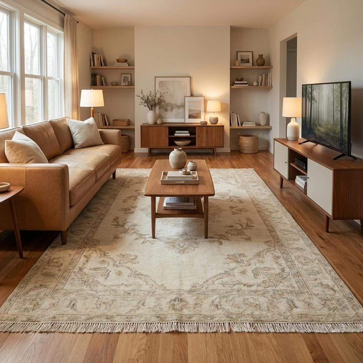 Translation missing: es.Elegant neutral area rug hand knotted from wool, ideal for living room or bedroom décor