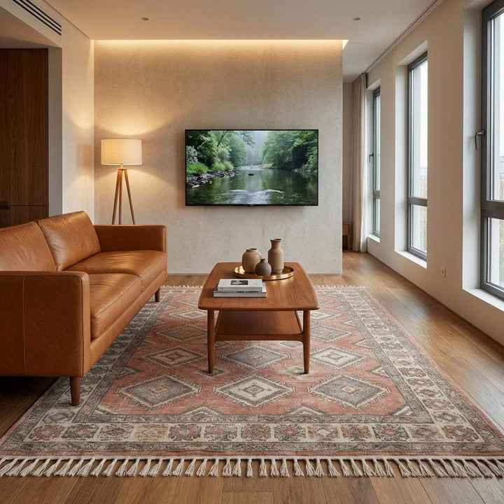Translation missing: es.Vintage Oushak Geometric Area Rug, Hand Knotted Wool in Blush Sage