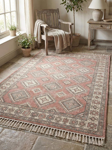 Translation missing: es.Hand knotted vintage Oushak geometric area rug in blush and sage wool fibers for durable, artisan-crafted home décor