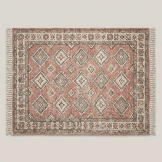 Translation missing: es.Vintage style Oushak rug with muted blush pink field and sage green geometric motifs