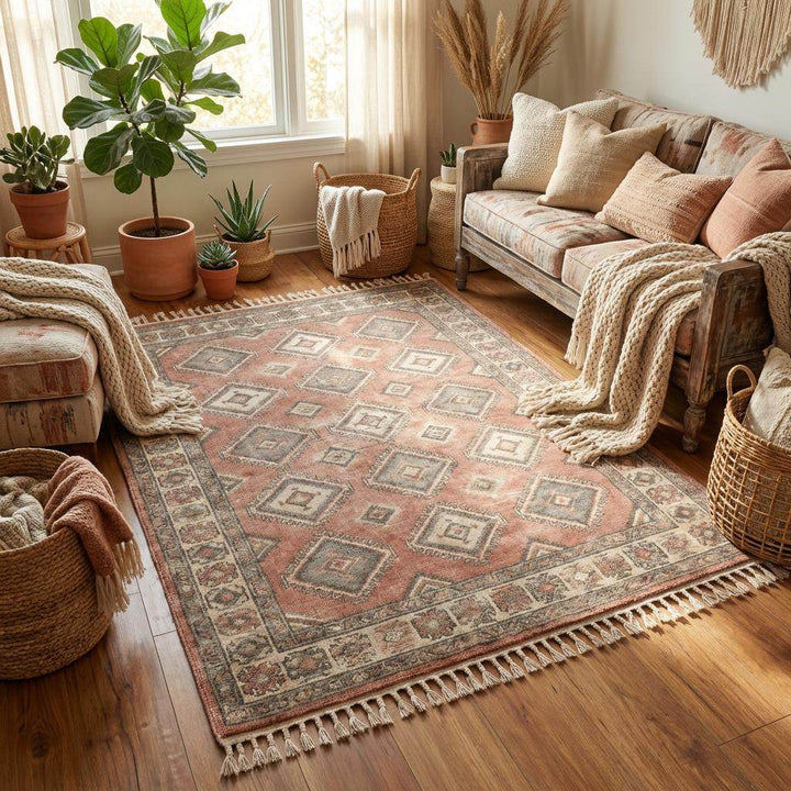 Translation missing: es.Low pile hand knotted geometric rug with soft fringe detailing and traditional Oushak design