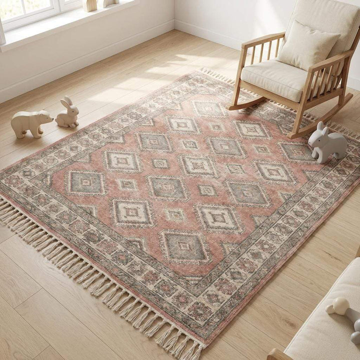 Translation missing: es.Vintage Oushak Geometric Area Rug, Hand Knotted Wool in Blush Sage