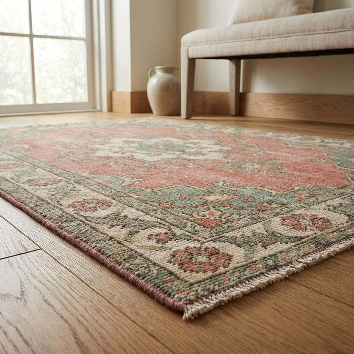 Translation missing: es.Vintage Oushak Hand Knotted Wool Area Rug Soft Pink Green