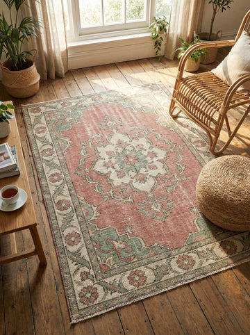 Translation missing: es.Vintage Oushak hand-knotted wool area rug with soft pink and sage green Anatolian floral design
