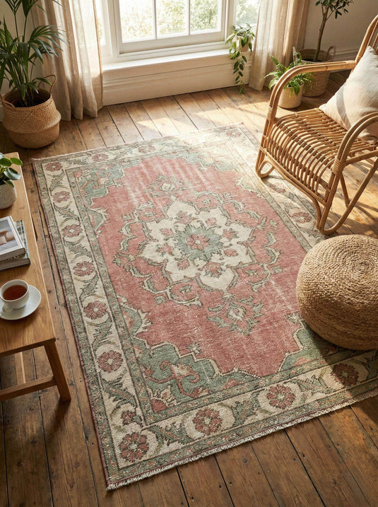 Translation missing: es.Vintage Oushak hand-knotted wool area rug with soft pink and sage green Anatolian floral design