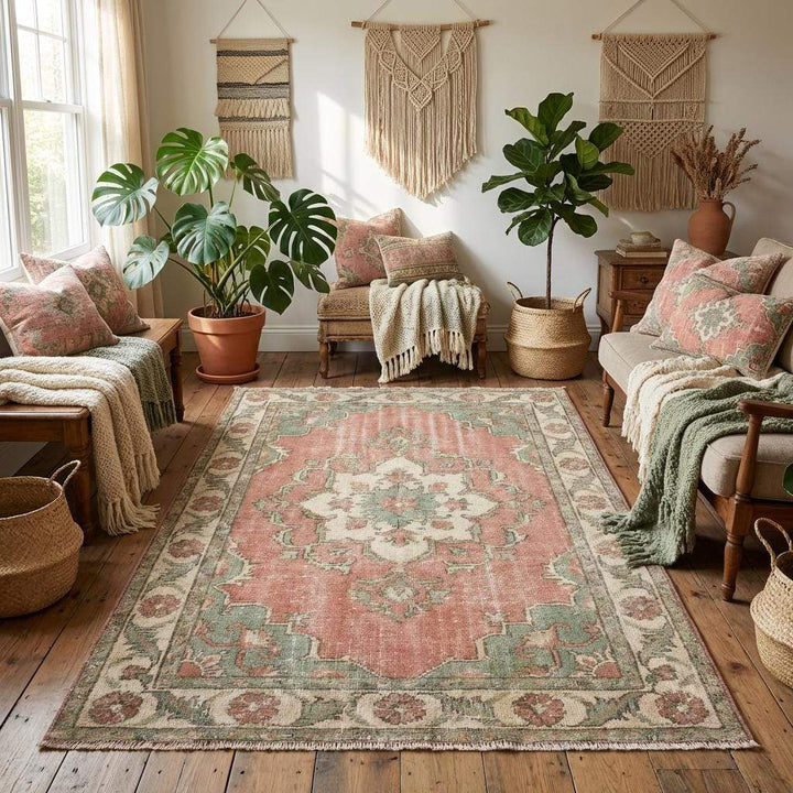 Translation missing: es.Handmade wool Oushak rug featuring faded floral border and traditional medallion design