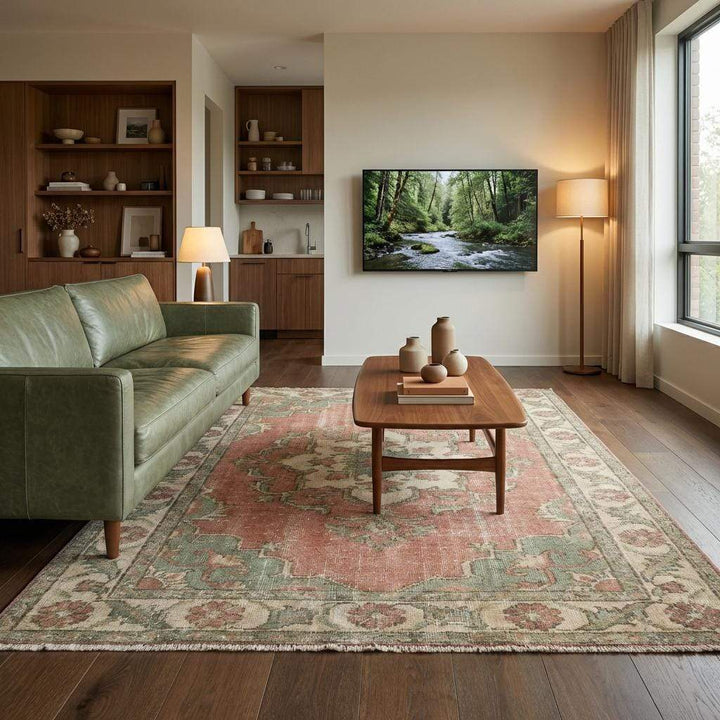 Translation missing: es.Authentic handmade wool area rug with muted colors and classic Oushak pattern