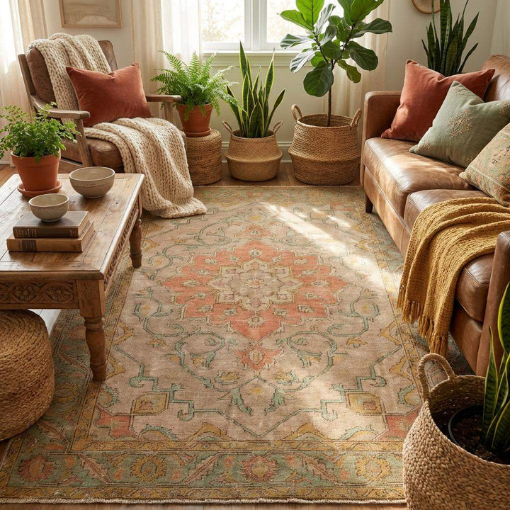 Translation missing: es.Traditional Oushak style wool rug with muted sage green, rust, and soft gold accents