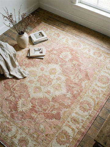 Translation missing: es.Vintage Oushak hand knotted wool rug in soft blush pink with floral motifs and durable craftsmanship