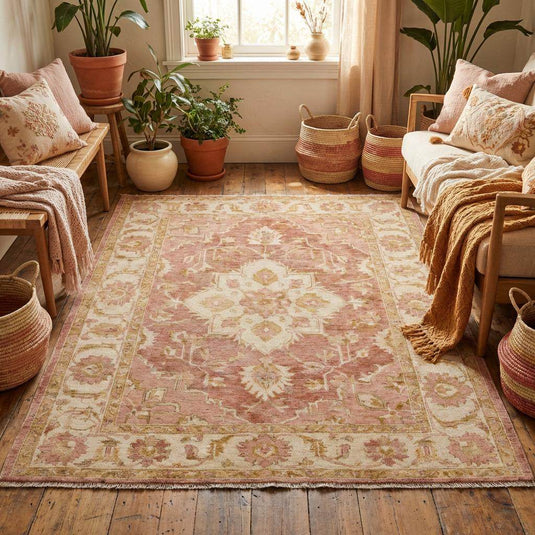 Translation missing: en.Hand knotted vintage wool rug styled on wooden floors with neutral decor and soft natural light