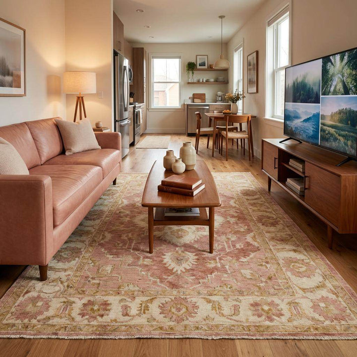 Translation missing: en.Traditional Turkish Oushak inspired wool rug featuring muted pink tones and classic border design