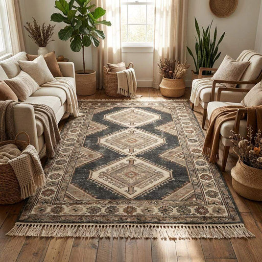 Translation missing: en.Vintage style wool rug with geometric pattern and muted earth tone color palette
