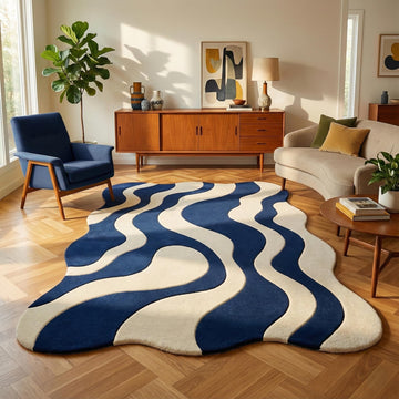 Translation missing: es.Blue cream wavy modern rug with abstract retro wave pattern and plush texture