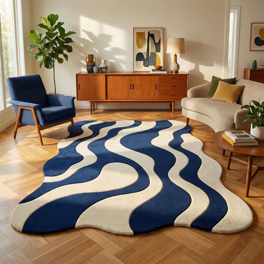 Translation missing: es.Blue cream wavy modern rug with abstract retro wave pattern and plush texture