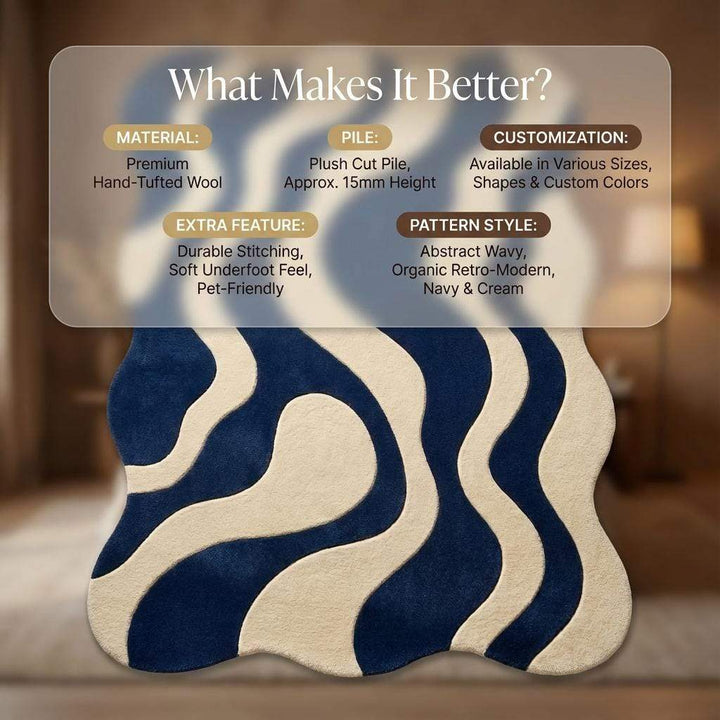 Translation missing: en.Blue cream wavy modern rug with abstract retro wave pattern and plush texture