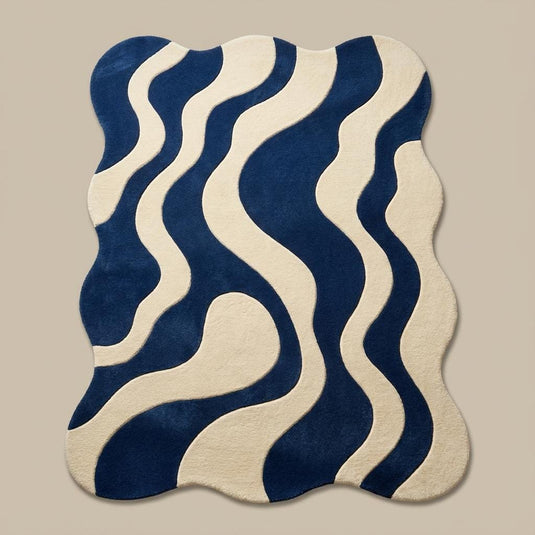Translation missing: es.Blue cream wavy modern rug with abstract retro wave pattern and plush texture